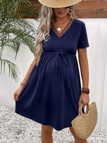 SHEIN Maternity Contrast Taped Belted Dress - Navy Blue - View 1