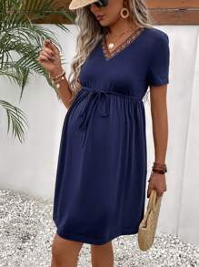 SHEIN Maternity Contrast Taped Belted Dress - Navy Blue - View 5