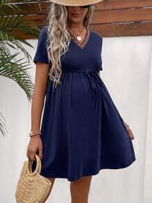 SHEIN Maternity Contrast Taped Belted Dress - Navy Blue - View 6