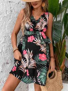 SHEIN Váy Bà bầu Thắt lưng Buộc lại Nhiệt đới Boho - màu đen - Xem 5
