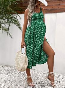 SHEIN Váy Bà bầu Lộ Lưng Tách cao Dải chun Họa tiết hoa Boho - Nhiều màu - Xem 4