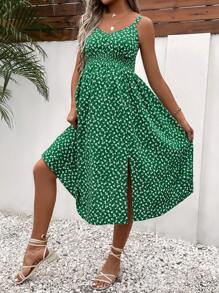 SHEIN Váy Bà bầu Lộ Lưng Tách cao Dải chun Họa tiết hoa Boho - Nhiều màu - Xem 6