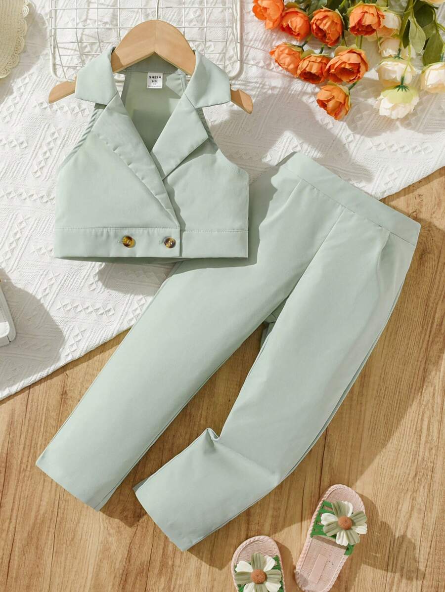 SHEIN Toddler Girls Double Button Vest Blazer & Trousers - Mint Green - View 1