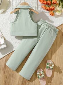 SHEIN Toddler Girls Double Button Vest Blazer & Trousers - Mint Green - View 2