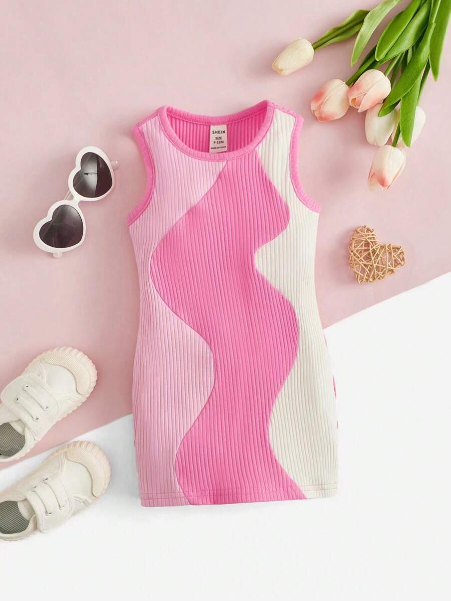 SHEIN Casual And Cute Knitted Color Block Sleeveless Dress For Baby