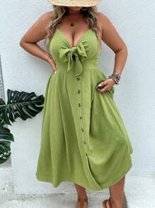 Breezaya 大碼前打結紐扣細節吊帶洋裝 - 綠色 - 查看 3
