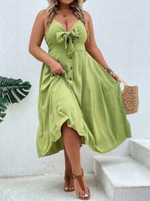 Breezaya 大碼前打結紐扣細節吊帶洋裝 - 綠色 - 查看 4