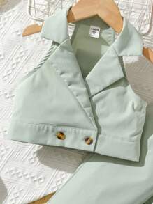 SHEIN Toddler Girls Double Button Vest Blazer & Trousers - Mint Green - View 6