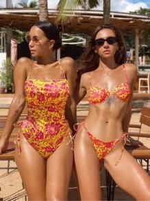 Contrast Print Smocked Side Cutout Sexy One-Piece Swimsuit With Laces For Beach Vacation Summer - Multicolor - View 4