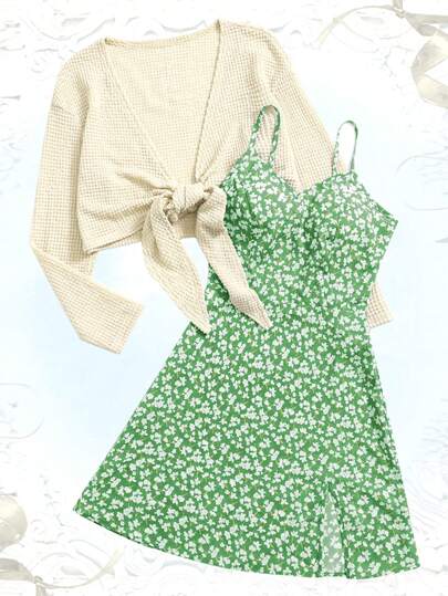 Kawaii Solid Tie Front Crop Top & Ditsy Floral Split Cami Dress