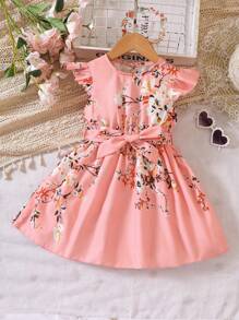 SHEIN Vestido de princesa con estampado floral, mangas cortas y cinturón, apropiado para fiestas y vacaciones de verano, para niñas jóvenes - Rosa - Ver 1