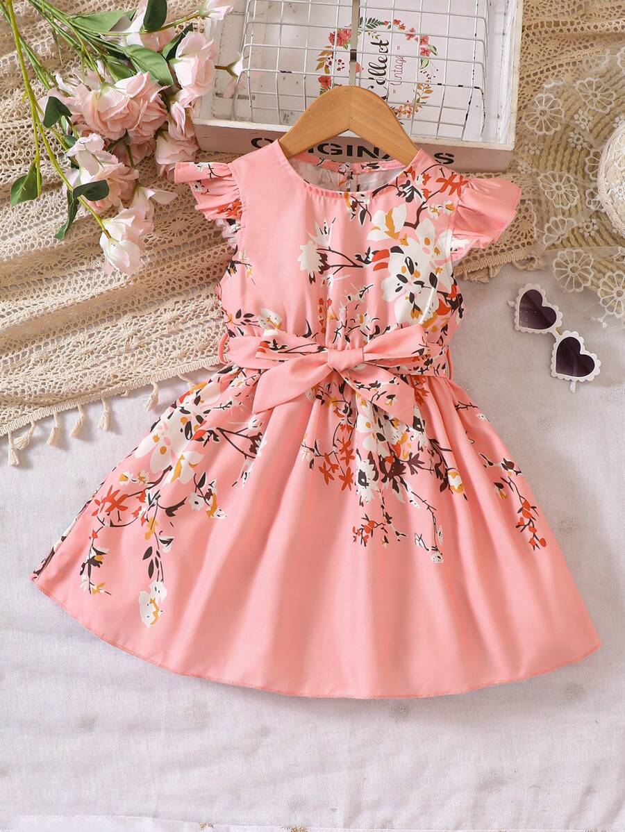 SHEIN Vestido de princesa con estampado floral, mangas cortas y cinturón, apropiado para fiestas y vacaciones de verano, para niñas jóvenes - Rosa - Ver 1