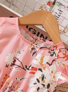 SHEIN Vestido de princesa con estampado floral, mangas cortas y cinturón, apropiado para fiestas y vacaciones de verano, para niñas jóvenes - Rosa - Ver 3