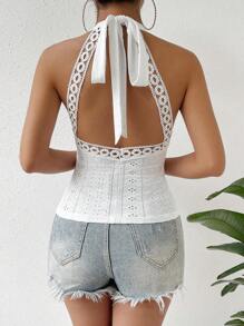 Chiquease Eyelet Embroidery Tie Backless Halter Top - White - View 3
