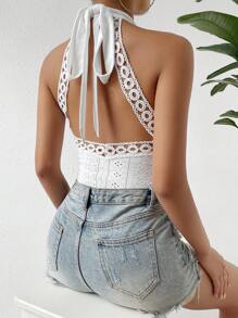 Chiquease Eyelet Embroidery Tie Backless Halter Top - White - View 5