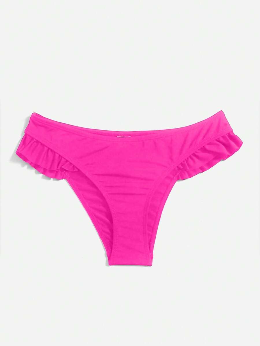 SHEIN Swim Summer Beach Solid Ruffle Trim Bikini Bottom - Hot Pink - View 1