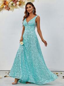 Plunge Neck Floor Length Sequins Prom Dress - Baby Blue - View 1
