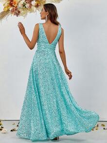 Plunge Neck Floor Length Sequins Prom Dress - Baby Blue - View 2