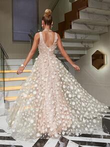 Floral Appliques Mesh Overlay Dress - Apricot - View 2