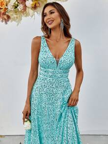 Plunge Neck Floor Length Sequins Prom Dress - Baby Blue - View 3