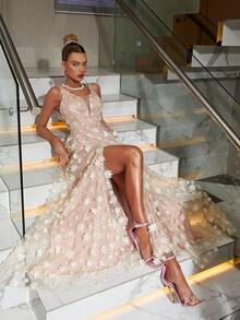 Floral Appliques Mesh Overlay Dress - Apricot - View 3