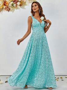 Plunge Neck Floor Length Sequins Prom Dress - Baby Blue - View 4