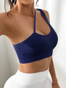 Easithlete Sujetador deportivo de un hombro corto - Azul Marino - Ver 5