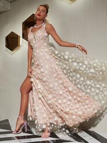 Floral Appliques Mesh Overlay Dress - Apricot - View 4