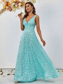 Plunge Neck Floor Length Sequins Prom Dress - Baby Blue - View 6