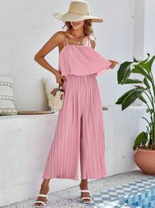 SHEIN VCAY Solid Pleated Cami Jumpsuit - Pink - View 1