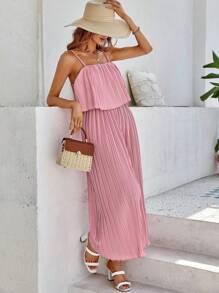 SHEIN VCAY Solid Pleated Cami Jumpsuit - Pink - View 4