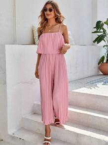 SHEIN VCAY Solid Pleated Cami Jumpsuit - Pink - View 6