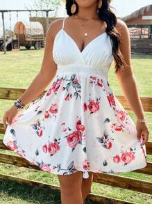 SHEIN LUNE Plus Size Boho Floral Print Cami Dress, For Summer - White - View 1