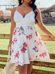 SHEIN LUNE Plus Size Boho Floral Print Cami Dress, For Summer - White - View 4