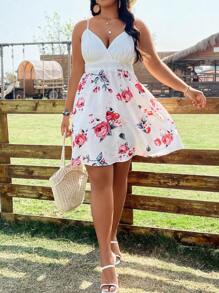 SHEIN LUNE Plus Size Boho Floral Print Cami Dress, For Summer - White - View 5