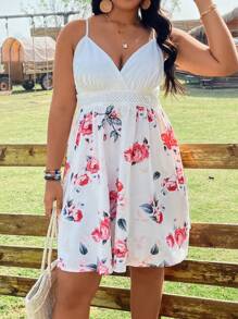 SHEIN LUNE Plus Size Boho Floral Print Cami Dress, For Summer - White - View 6