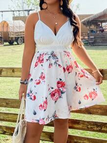 SHEIN LUNE Plus Size Boho Floral Print Cami Dress, For Summer - White - View 7