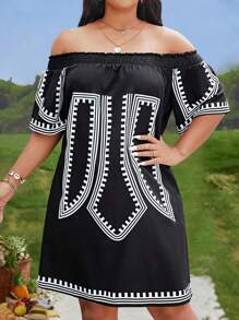 SHEIN Clasi Vestido bohemio de hombros descubiertos con estampado geométrico para tallas grandes, para el verano - Negro - Ver 1