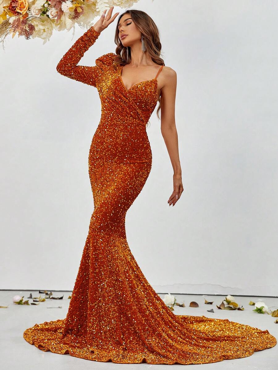 Asymmetric Neckline Mermaid Hem Sequin Embellished Formal Dress - Orange - View 1