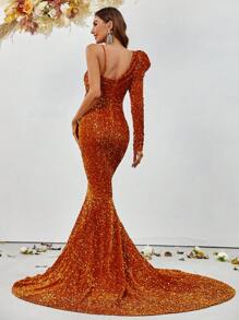 Asymmetric Neckline Mermaid Hem Sequin Embellished Formal Dress - Orange - View 2