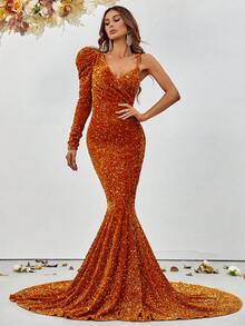 Asymmetric Neckline Mermaid Hem Sequin Embellished Formal Dress - Orange - View 3