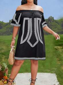 SHEIN Clasi Vestido bohemio de hombros descubiertos con estampado geométrico para tallas grandes, para el verano - Negro - Ver 4