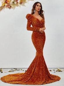 Asymmetric Neckline Mermaid Hem Sequin Embellished Formal Dress - Orange - View 5