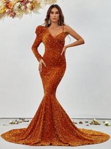 Asymmetric Neckline Mermaid Hem Sequin Embellished Formal Dress - Orange - View 6