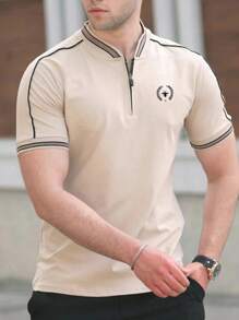 Manfinity Homme Men Plant Print Striped Trim Polo Shirt Button Up Collar Golf Casual Polo Shirt For Husband Beige Polo For Mengolf Shirt Menmens Golf Shirtscasual Men Polo Shirts - Beige - View 1