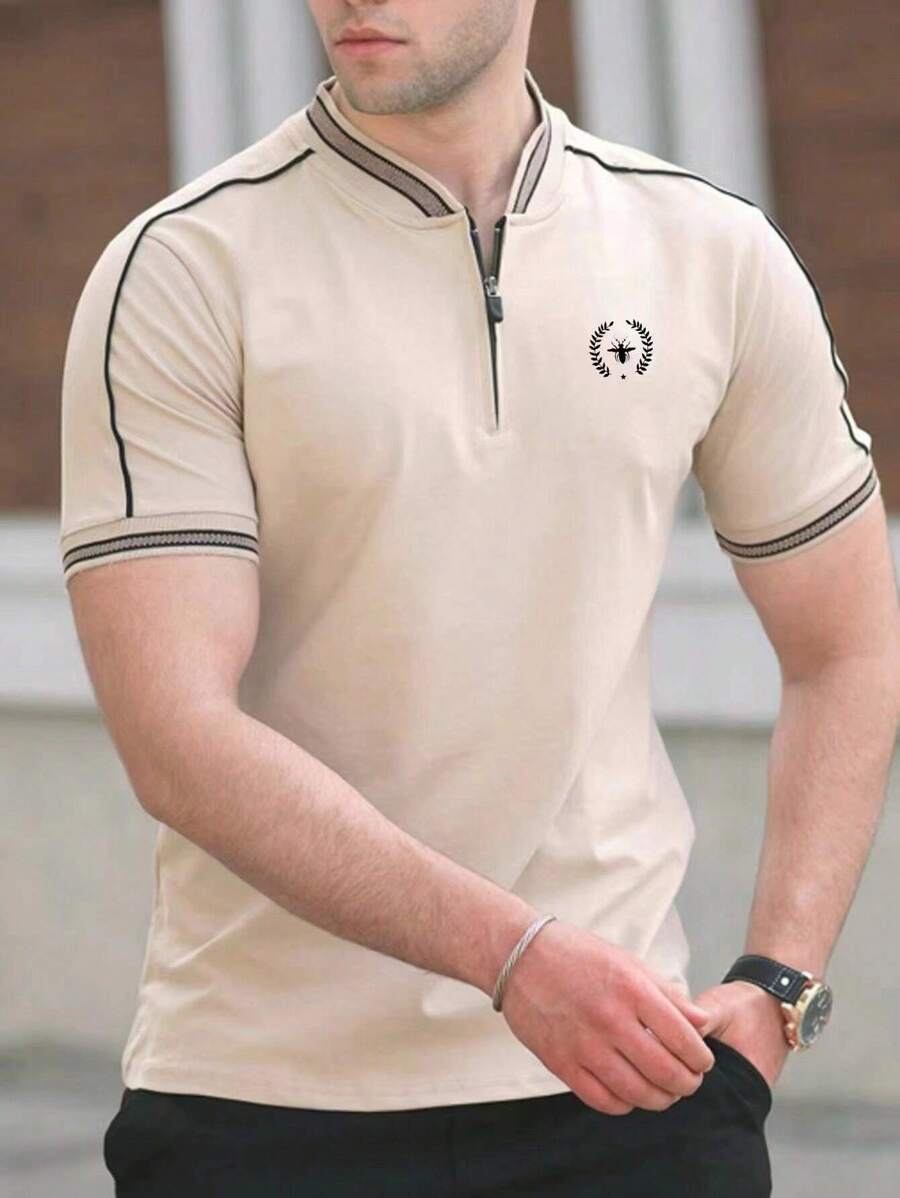 Manfinity Homme Men Plant Print Striped Trim Polo Shirt Button Up Collar Golf Casual Polo Shirt For Husband Beige Polo For Mengolf Shirt Menmens Golf Shirtscasual Men Polo Shirts - Beige - View 1