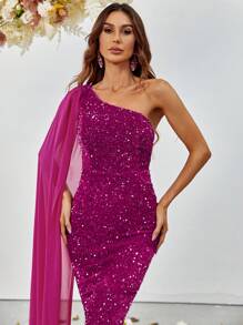 單肩網紗拼接斗篷袖亮片正式洋裝 - 玫紅色 - 查看 5