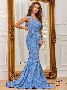 Faeriesty Women's Elegant One-Shoulder Dress, Adorned With Shiny Sequins, Paired With Graceful Fishtail Hem | Suitable For Black Tie Galas, Weddings, And Luxury Summer Vacation Formal Attire - Blue - View 6