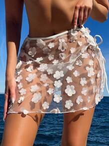 Appliques Lace Up Side Mesh Cover Up Skirt - White - View 1