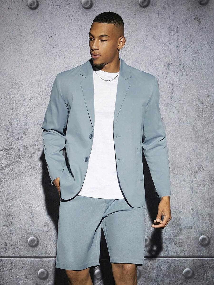 Manfinity Mode Men Lapel Neck Flap Detail Blazer & Shorts - Dusty Blue - View 1